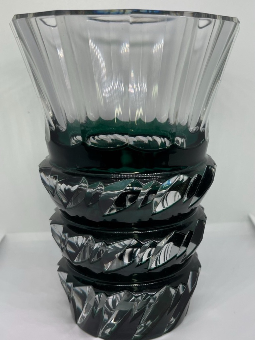 Signed Val St. Lambert Green Cut To Clear Crystal Vase